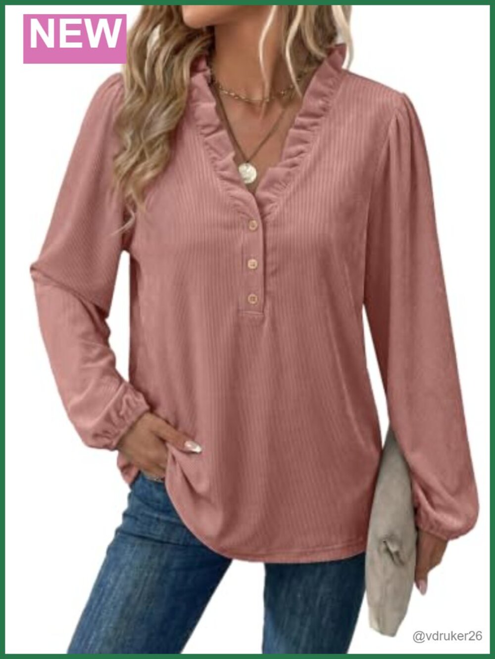 Women's Ruffle V Neck Button Front Long Sleeve Blouse